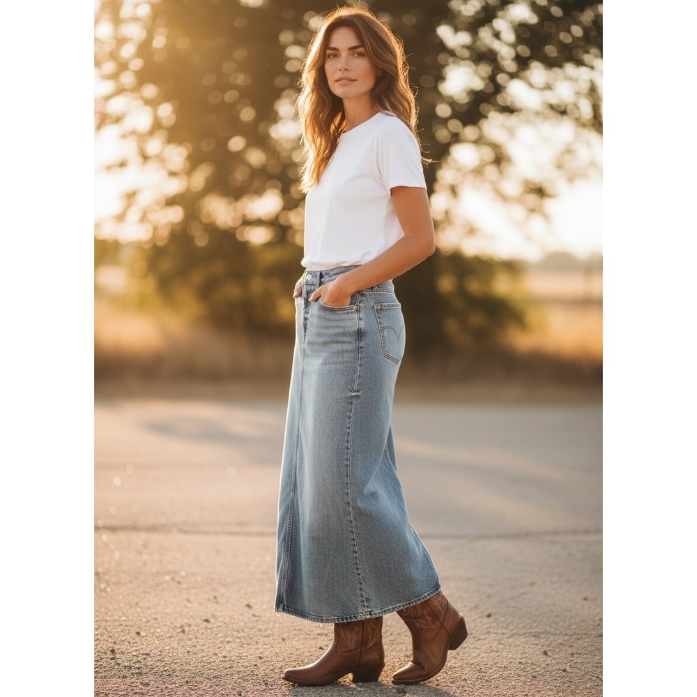 HM Denim Maxi Skirt Womens Medium Light Wash Blue High Waisted Front Slit A-Line